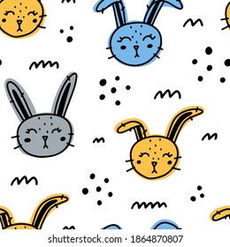Cute nursery bunny seamless pattern with abstract elements isolated on white background. Scandinavian style hand drawn vector illustration.