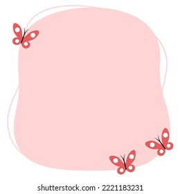 Cute nursery card template with butterfly in pink pastel colors. Perfect for baby shower, kids party, birthday wishes or invitations, social networks posts. Vector isolated illustration in flat style.
