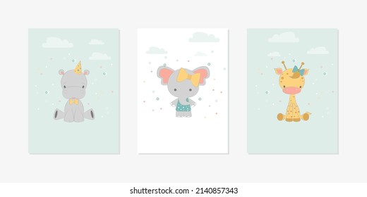 Cute nursery cartoon character animal portraits - hippo, elephant, giraffe. Cartoon animals set. Cute animal characters poster templates for children nursery room wall decor. Vector set