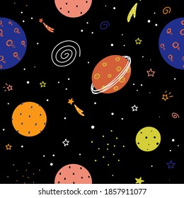 Cute nursery childish space seamless pattern with planets, stars, galaxies and abstract elements hand drawn in Scandinavian style vector illustration.