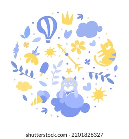 Cute Nursery Design with Blue Lovely Childish Elements Arranged in Round Vector Composition