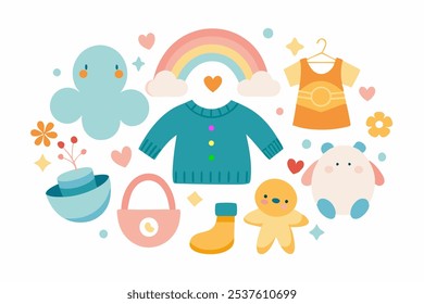 Cute nursery elements. Scandinavian baby shower, doodle toddler fashion clothes and accessories. Flat rainbow, funny kid objects exact set Vector. on white back
