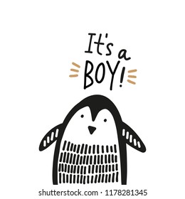 Cute nursery hand drawn little penguin, Baby Shower animal print. Vector illustration, scandinavian style