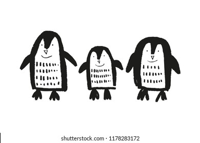 Cute nursery hand drawn little penguins, baby animal print. Vector illustration, scandinavian style