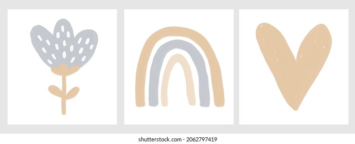 Ilustración de vectores dibujados a mano de guardería. Oro estilo infantil y flor de brocha gris, arcoiris y corazón aislado en un fondo blanco. Imprimir estilo de pintura de aceite con Flor abstracta y símbolo de amor.