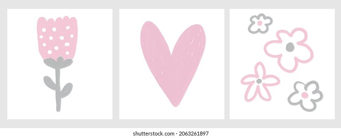 Cute Nursery Hand Drawn Vector Illustration.Childish Style Pink and Gray Brush Flowers and Heart Isolated on a White Background.Oil Painting Style Print with Abstract Blooming Flowers and Love Symbol.