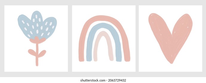 Ilustración de vectores dibujados a mano de guardería. Flor de pincel rosa y azul de estilo infantil, arcoiris y corazón aislados en un fondo blanco. Imprimir estilo de pintura de aceite con Flor abstracta y símbolo de amor.