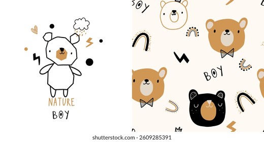 Cute nursery kid seamless pattern with bear forest wood animal background. Ideal for wrapping paper, textile, fabric. 