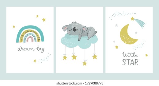 Cute nursery and kids posters including moon, clouds, star, rainbow, sleeping koala bear and phrases: dream big, little star. Vector illustrations for baby shower cards, invitations, greeting cards.