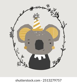 Berçário bonito coala animal bebê criança retrato vetor ilustração vestuário imprimir feliz aniversário festa cartão postal 