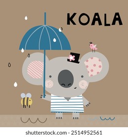 Berçário bonito coala animal bebê criança retrato vetor ilustração vestuário imprimir feliz aniversário guarda-chuva saudação festa cartão postal 