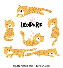Cute nursery leopards collection. Wild animals with different characters. Flat isolated cartoon vector illustration in scandinavian style.