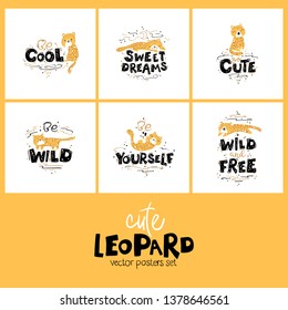 Cute nursery leopards posters set. Wild animals with different characters and lettering. Flat isolated cartoon vector illustration in scandinavian style.