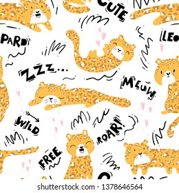 Cute nursery leopards seamless pattern. Wild animals with different characters. Flat cartoon vector illustration in scandinavian style.
