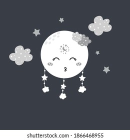 Ilustración vectorial del personaje de la luna de la guardería con estrellas y nubes aisladas en el fondo oscuro. Ilustración vectorial de estilo escandinavo dibujada a mano.