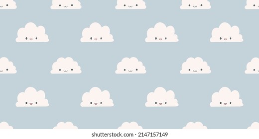 Cute Nursery Neutral Clouds Blue Sky Seamless Muster Vektorgrafik handgezeichnet Kawaii Cartoon