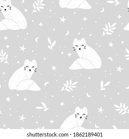 Cute nursery pattern with artic fox, moon, stars and snowflakes around. Winter hand drawn vector illustration in Scandinavian style.