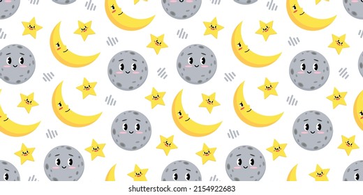 Cute nursery pattern with nighty design for kids. Vector childish seamless pattern with cute dreaming characters. Childish background with cute moon, stars. Night pattern design for kids textile