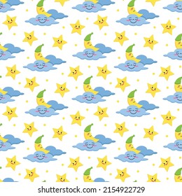 Cute nursery pattern with nighty design for kids. Vector childish seamless pattern with cute dreaming characters. Childish background with cute moon, stars. Night pattern design for kids textile