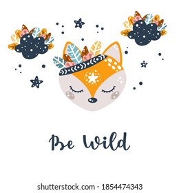 Cute nursery poster with boho fox with feathers, stars and clouds and with be wild phrase vector illustration in Scandinavian style for print or design.