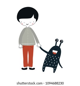 Cute nursery poster with boy and monster. Vector illustration in scandinavian style.