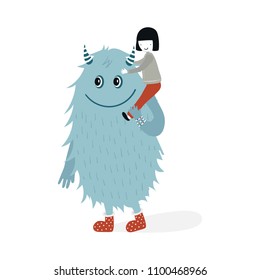 Cute nursery poster with boy and monster. Vector illustration in scandinavian style.