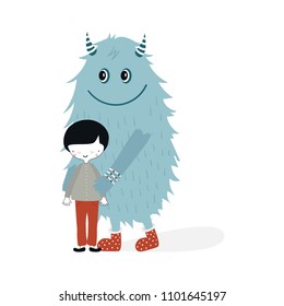 Cute nursery poster with boy and monster. Vector illustration in scandinavian style.