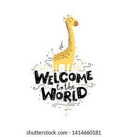 Cute nursery poster, card with giraffe in simple hand-drawing cartoon style. Colorful Vector Illustration. Lettering