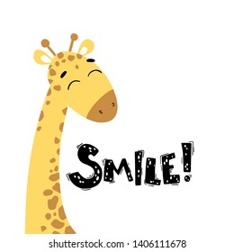 Cute nursery poster, card with head giraffe in the clouds. Simple hand-drawn cartoon style. Colorful Vector Illustration. Lettering - Smile!