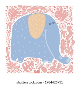 Cute nursery poster with elephant in scandinavian doodle style. African animal character. Childish print for nursery, kids apparel, poster, postcard. scandi style doodle animal.