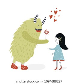 Cute nursery poster with girl and monster. Vector illustration in scandinavian style.