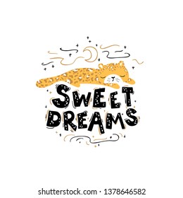 Cute nursery poster with leopard and inspiring lettering. Flat  cartoon vector illustration in scandinavian style.