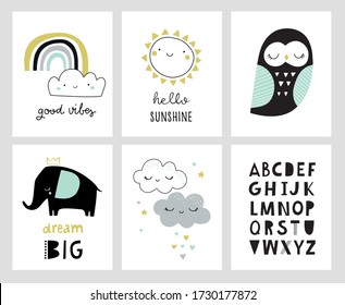 Cute nursery posters for baby room, cute animals, alphabet and quotes. Owl, elephant, sun, clouds, Hand drawn vector illustration for prints, cards, apparel.