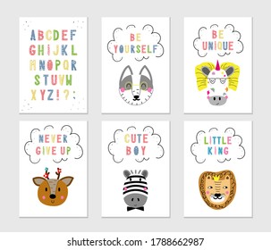 Cute nursery posters set. Scandinavian style alphabet with funny animals and quotes. Hand drawn vector. Kids wall art, prints, baby shower, greeting cards, birthday card, t-shirt. Modern illustration.