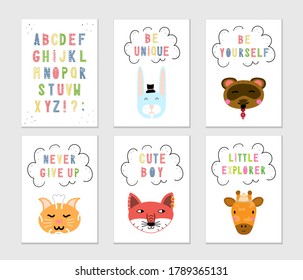 Cute nursery posters set. Scandinavian style alphabet with funny animals and quotes. Hand drawn vector. Kids wall art, prints, baby shower, greeting cards, birthday card, t-shirt. Modern illustration.