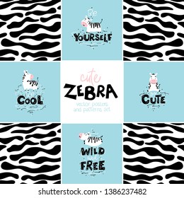 Cute nursery posters set with zebras and skin patterns. Wild animals with different characters and lettering. Flat isolated cartoon vector illustration in scandinavian style.