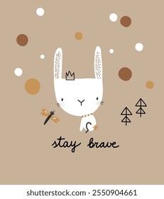 Cute nursery rabbit character cartoon print for kid apparel polka dot background for t-shirts, clothes, notebooks.