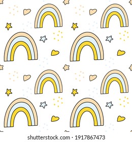 El arcoiris del vivero es suave. Ilustración vectorial. Colores pasteles. Estrellas, corazones y arcoíris