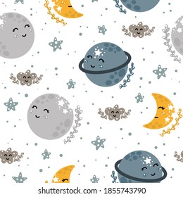 Cute nursery seamless pattern with adorable planets, stars and moon in Scandinavian style isolated on white background vector illustration.