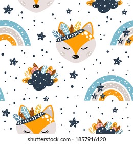 Cute nursery seamless pattern in boho style with fox, clouds, rainbows and feathers with floral elements isolated on white background Scandinavian style vector illustration.