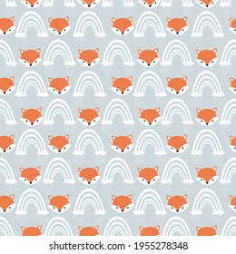 Cute nursery seamless pattern in boho style with fox, clouds, rainbows and feathers with floral elements isolated on white background Scandinavian style vector illustration. fox and rainbow vector