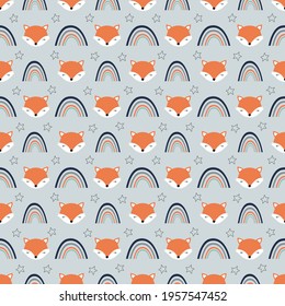 Cute nursery seamless pattern in boho style with fox, clouds, rainbows and feathers with floral elements isolated on white background Scandinavian style vector illustration. fox and rainbow vector