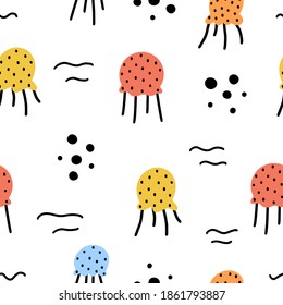 Cute nursery seamless pattern with colorful jellyfishes and abstract elements isolated on white background. Scandinavian style hand drawn vector illustration.