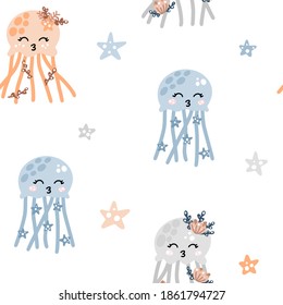 Cute nursery seamless pattern with colorful jellyfishes with stars and abstract dots around. Hand drawn Scandinavian style vector illustration.