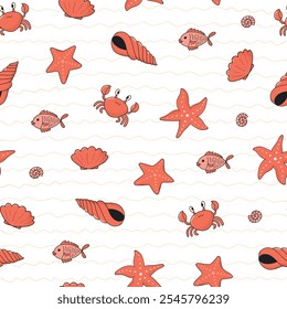 Cute nursery seamless pattern with crabs, starfish, seashells doodles for wallpaper, wrapping paper, apparel decor, clothing, packaging, backgrounds, digital paper, etc. EPS 10