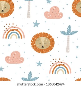 Cute nursery seamless pattern with lion, palm trees, clouds, rainbows, stars and abstract dots. Hand drawn Scandinavian style vector illustration.