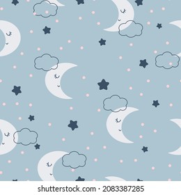 Cute nursery seamless pattern. Moon with stars and clouds on a blue background. Vector simple childish hand-drawn background in cartoon style.