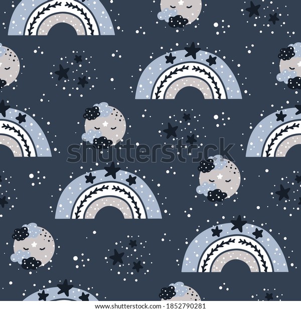 Cute nursery seamless pattern in Scandinavian\
style with rainbow, moon, clouds and stars. Childish bedtime vector\
 illustration for design and\
print.