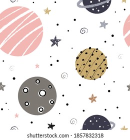 Cute nursery seamless pattern with space elements: galaxy, planets and stars hand drawn in Scandinavian style with grunge brush texture vector illustration.