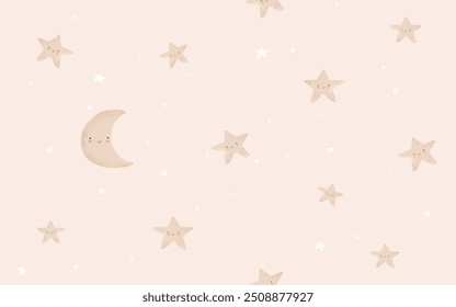 Viveiro bonito padrão de vetor sem emenda com lua e estrelas. Impressão Irregular do Céu Simples desenhado à Mão. Little Kawaii Stars e Moon isolados em um fundo rosa-bege claro. RGB